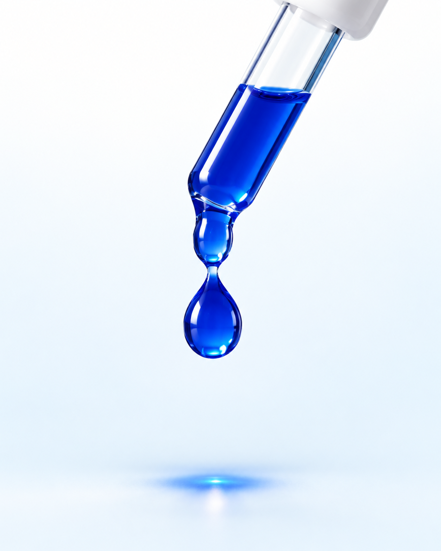 gota azul royal do sérum caindo do conta-gotas