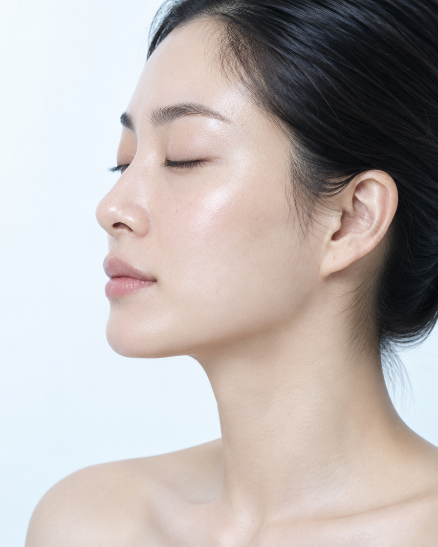 mulher de perfil com a pele luminosa, fundo claro