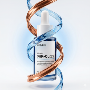 Sérum P1 GHK-Cu 2% com peptídeos de cobre, envolvido por hélices azul e cobre
