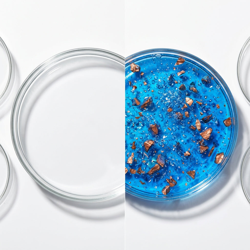 Duas placas de laboratório: uma vazia e uma com sérum azul e cobre — Sérum P1 pepitideos