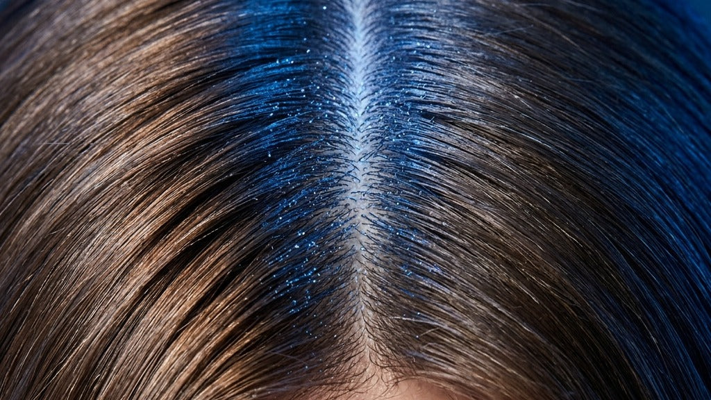 Risca do cabelo com a névoa do Tônico Capilar H1 sobre o couro cabeludo, em formato largo — peptídeos de cobre, pepitideos
