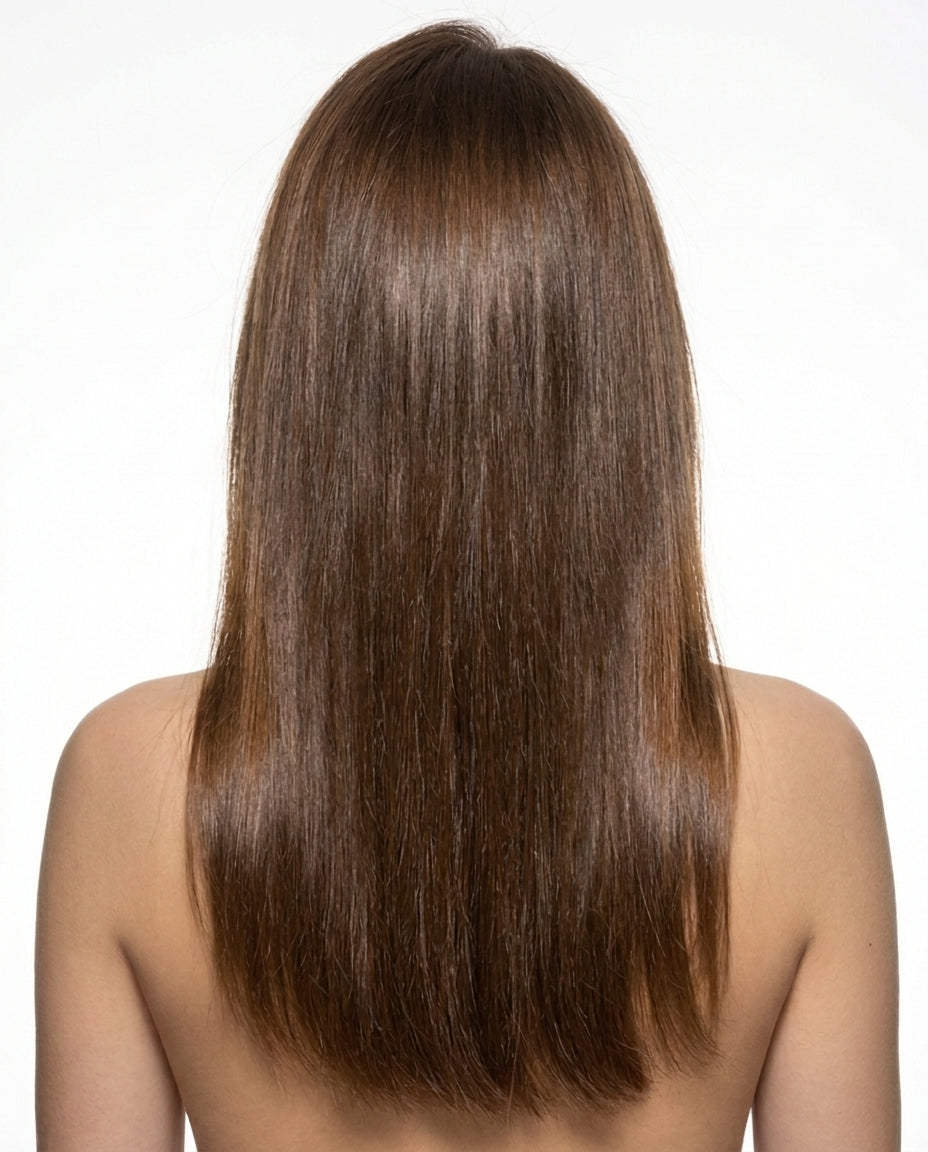 Cabelo longo castanho mais liso e com brilho, visto de costas — meio do cronograma do Tônico Capilar H1 com peptídeos, pepitideos