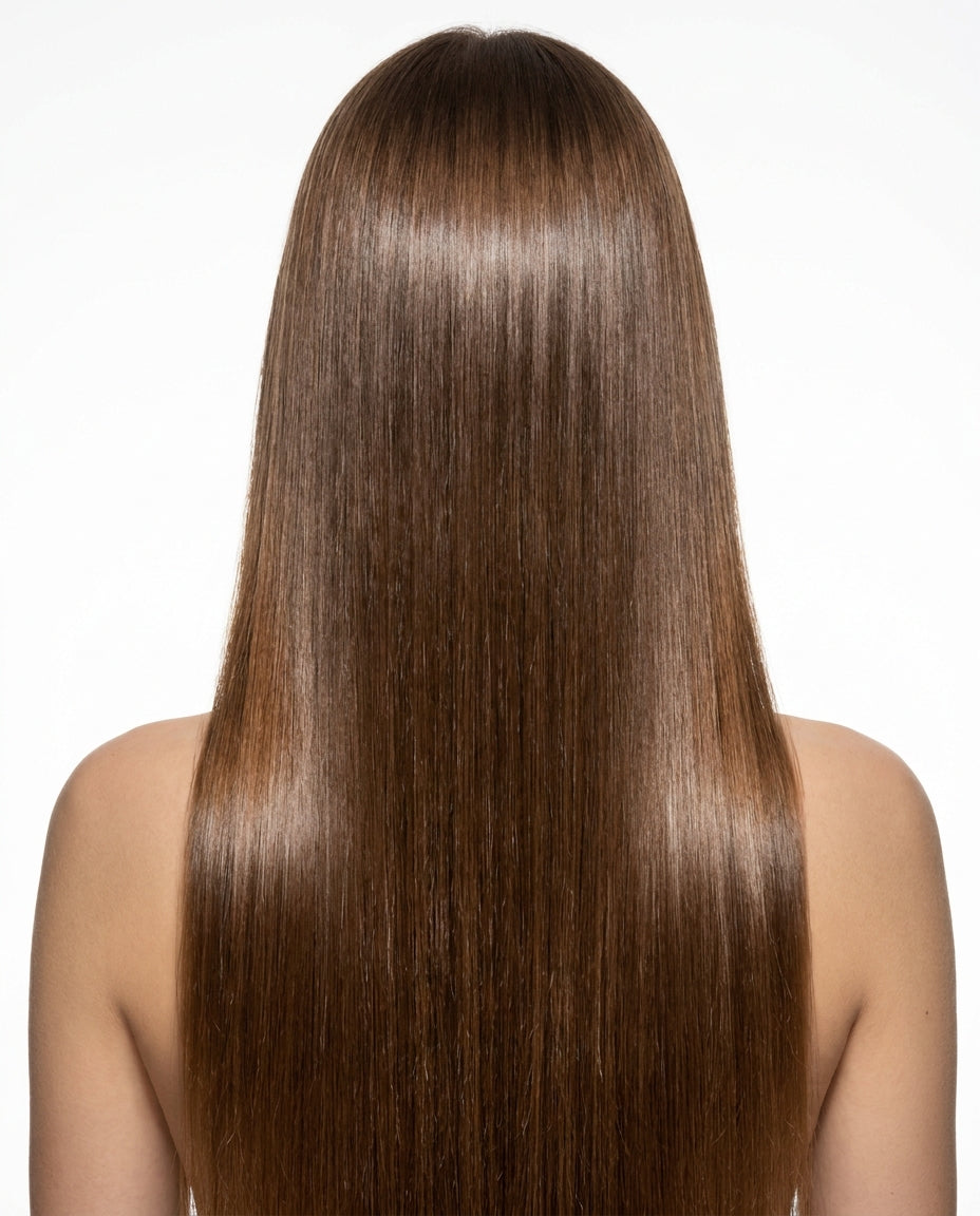 Cabelo longo castanho, liso e com brilho, visto de costas — cronograma do Tônico Capilar H1 com peptídeos, pepitideos