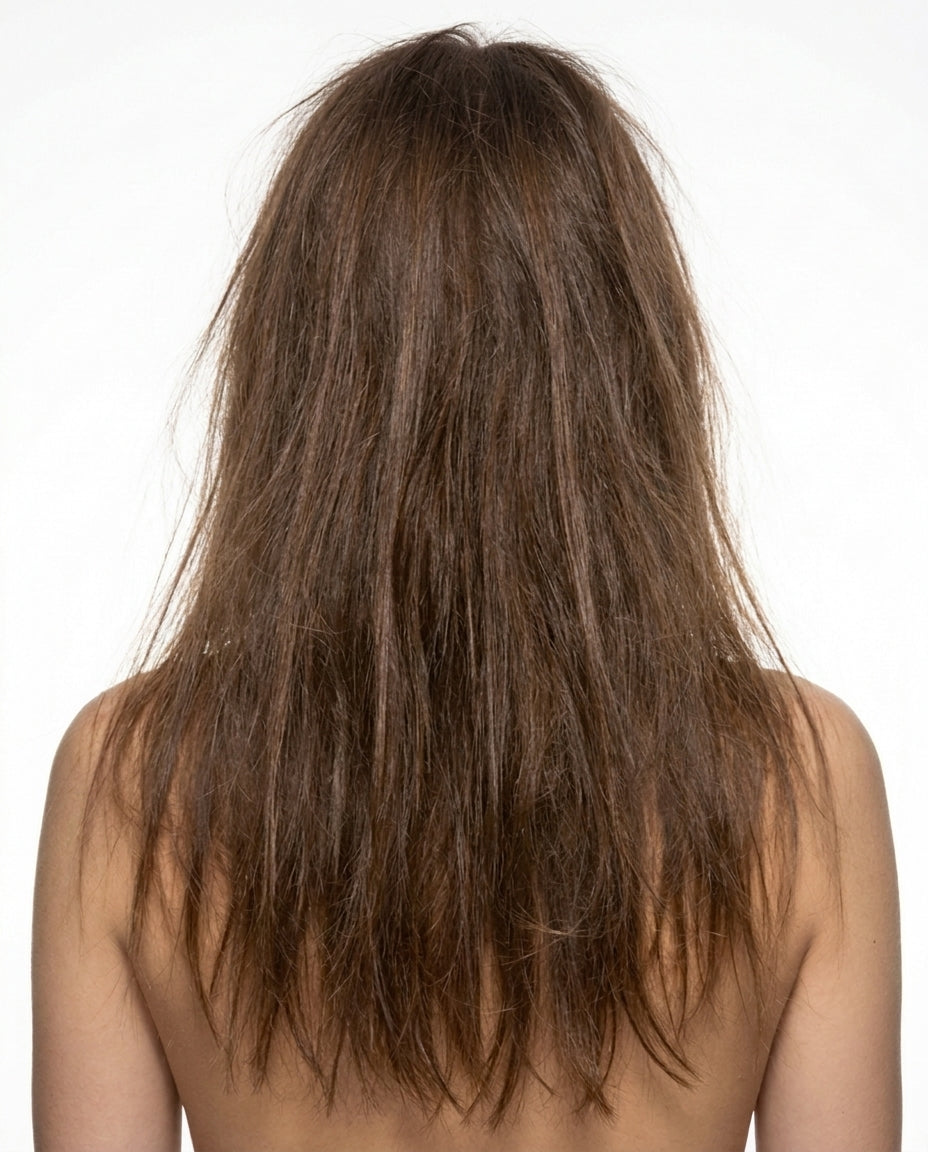 Cabelo longo castanho, opaco e com frizz, visto de costas — início do cronograma do Tônico Capilar H1 com peptídeos, pepitideos